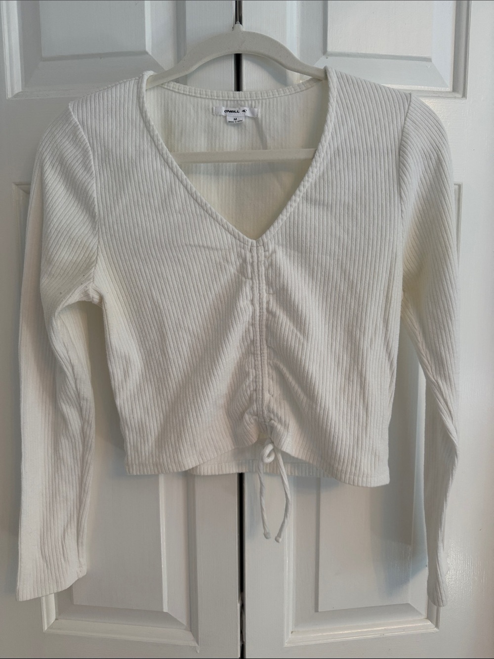 O'Neill White Ribbed V-Neck Drawstring Long Sleeve Top